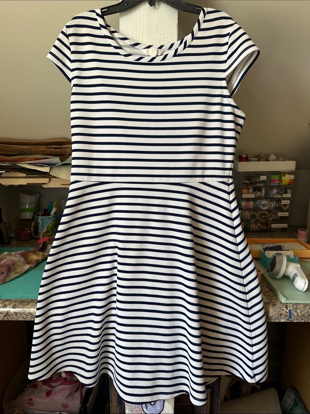 C Navy & White Striped Cap-Sleeve Fit-and-Flare Dress